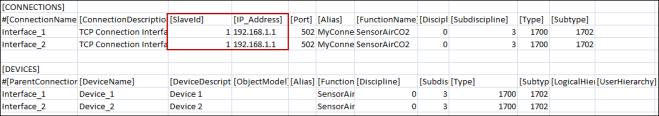 Screenshot of CSV with wrong Slave Id configuration.